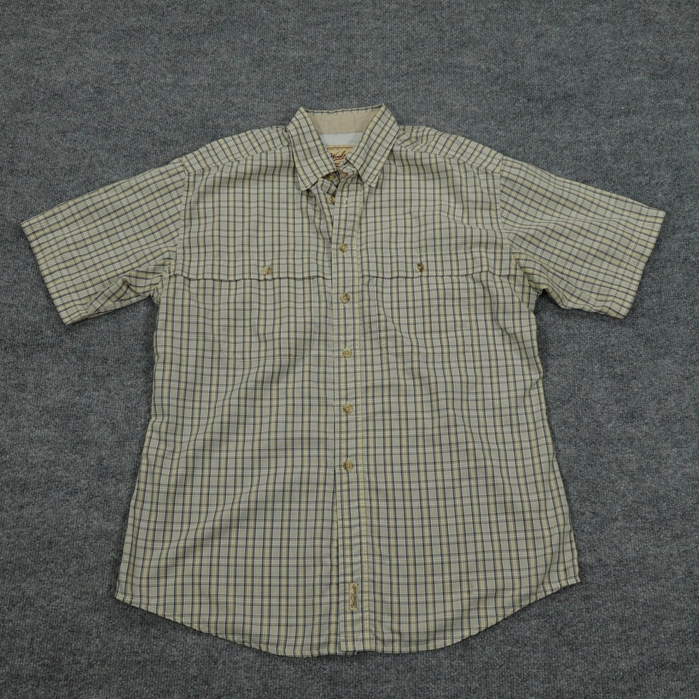 Woolrich Shirt Men Medium Tan Blue Plaid Short Sleeve Vented Back Hiking Utility